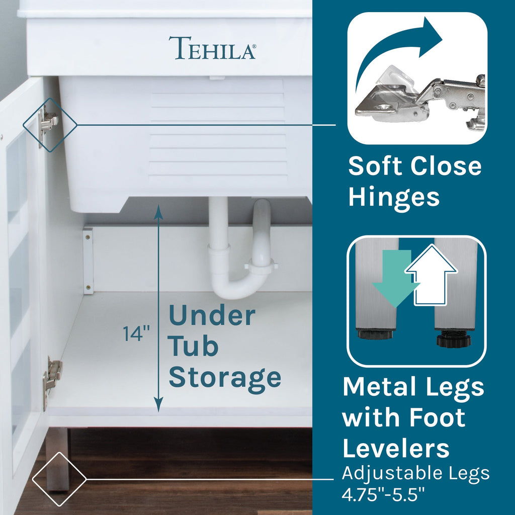 Tehila White Vanity Cabinet and White Utility Sink, No Supply Lines, No Strainer Basket