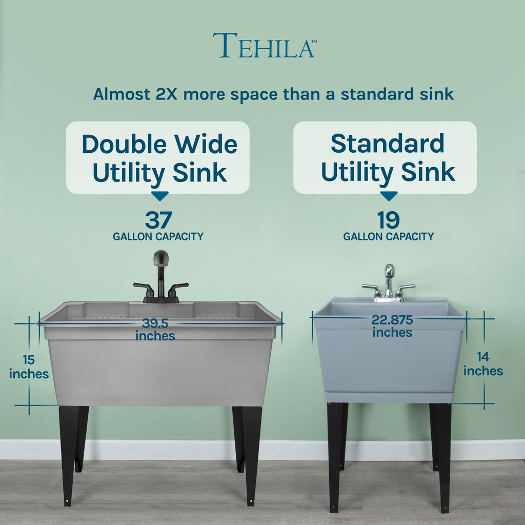 Tehila Freestanding Double-Wide Grey Utility Sink with Steel Legs & Black Pull-Out Faucet, Multi-Purpose Heavy-Duty Laundry Tub and Kitchen Sink for Homes & Business