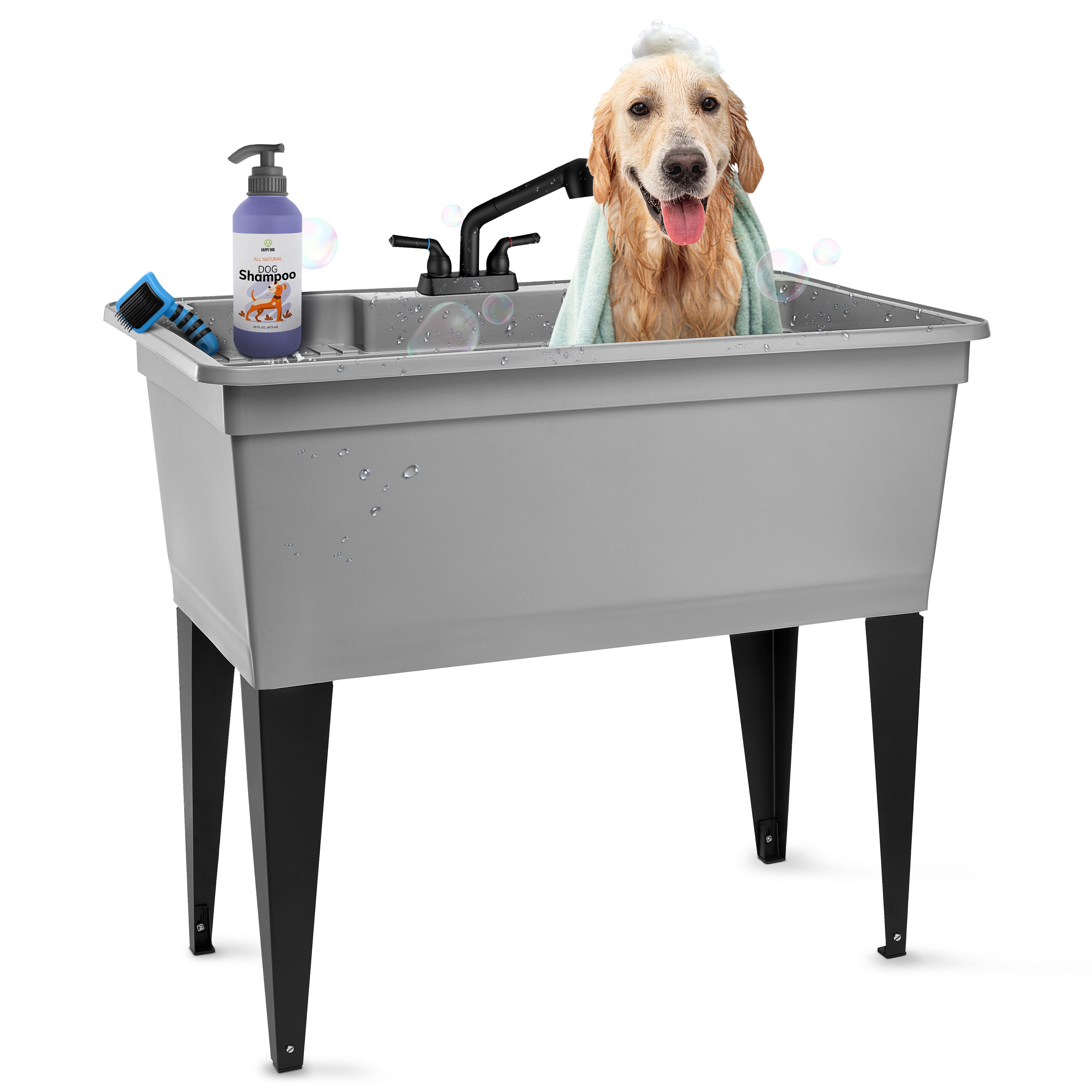 Tehila Freestanding Double-Wide Grey Utility Sink with Steel Legs & Black Pull-Out Faucet, Multi-Purpose Heavy-Duty Laundry Tub and Kitchen Sink for Homes & Business