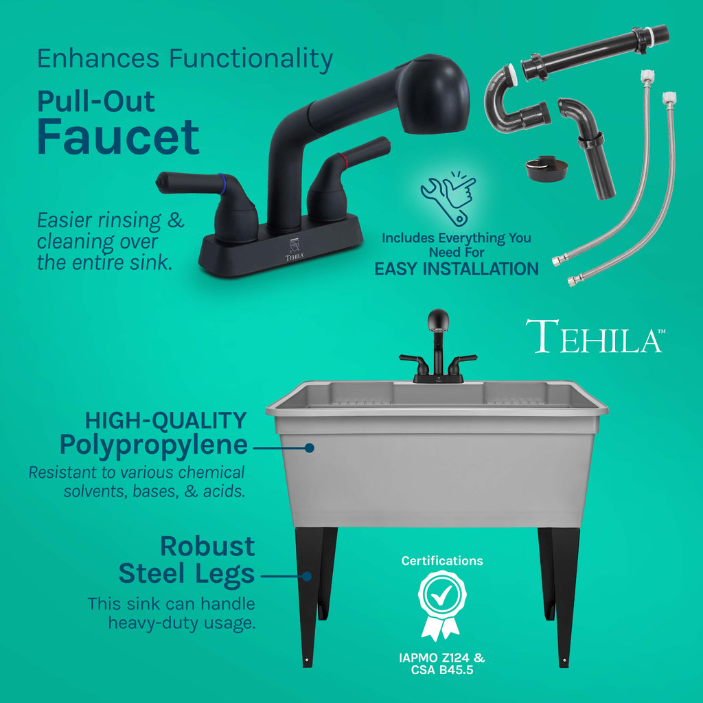 Tehila Freestanding Double-Wide Grey Utility Sink with Steel Legs & Black Pull-Out Faucet, Multi-Purpose Heavy-Duty Laundry Tub and Kitchen Sink for Homes & Business