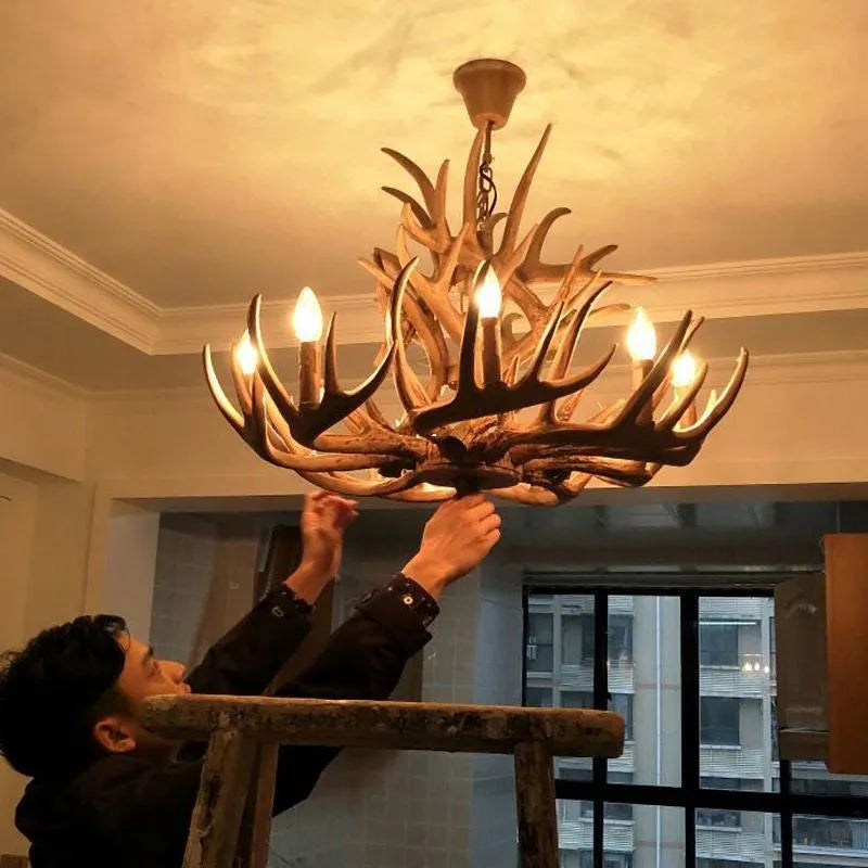 DecorBites™ Deer Antler Chandelier: American Retro Resin Horn Lamps for Rustic Home Decor