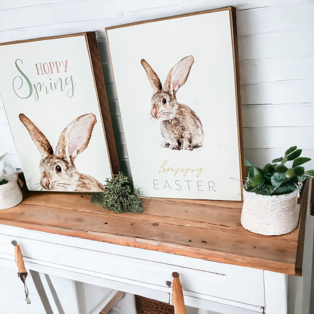 Hippity Hoppity Bunny Easter Home Decor Set Watercolor Bunny Sign Spring Mantel Rustic Farmhouse