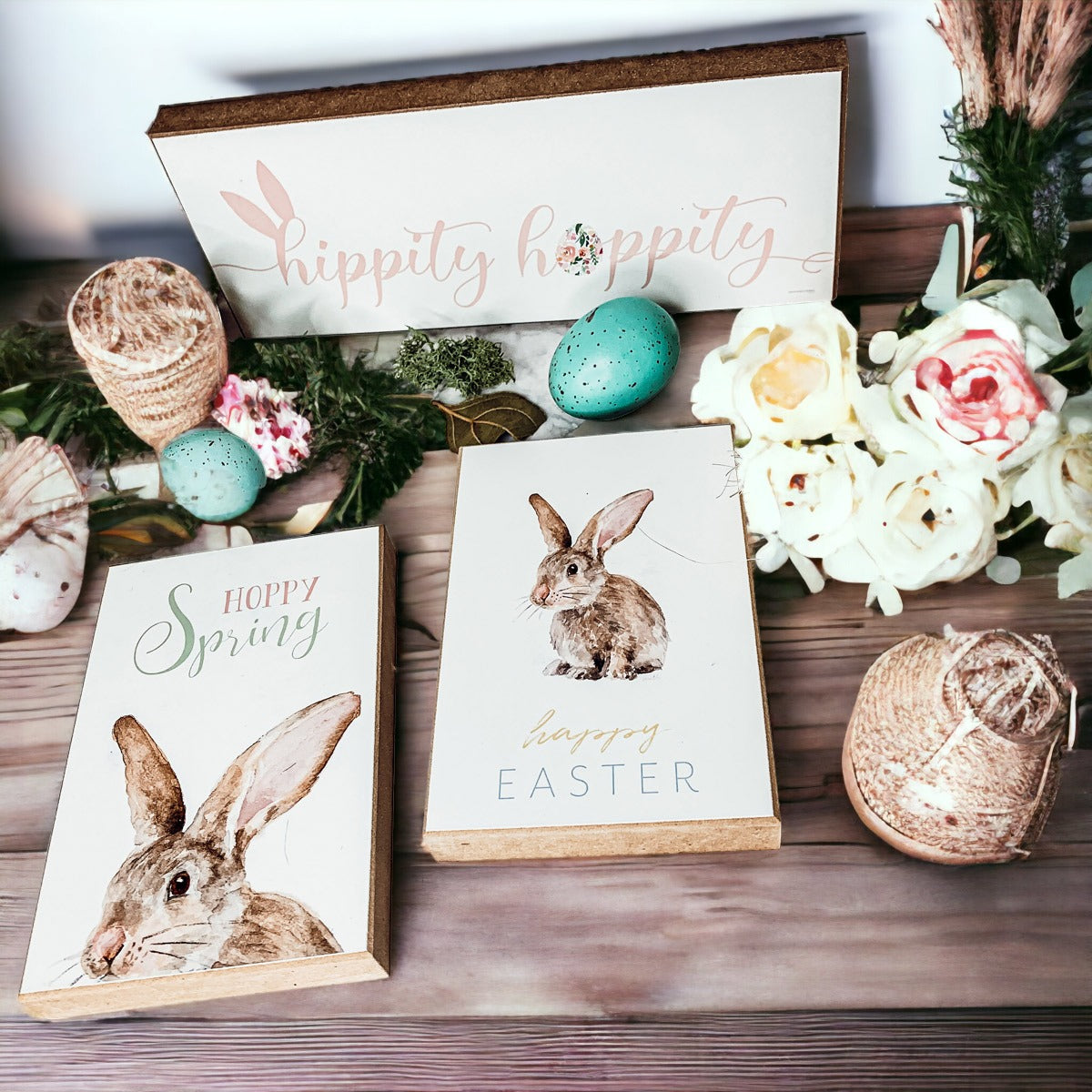 Hippity Hoppity Bunny Easter Home Decor Set Watercolor Bunny Sign Spring Mantel Rustic Farmhouse