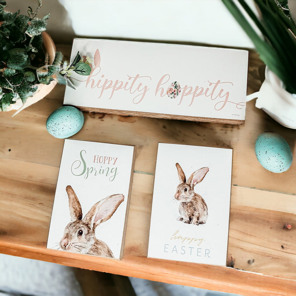 Hippity Hoppity Bunny Easter Home Decor Set Watercolor Bunny Sign Spring Mantel Rustic Farmhouse