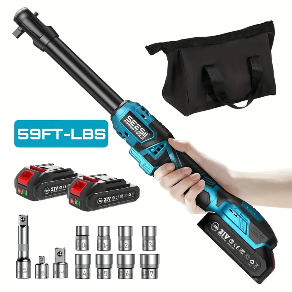 Seesii 6.3'' Extended Electric Ratchet Wrench kit 21V 3/8" Cordless Electric Wrench 80Nm Angle Wrench for Makita 18V battery pin
