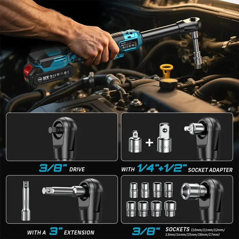 Seesii 6.3'' Extended Electric Ratchet Wrench kit 21V 3/8" Cordless Electric Wrench 80Nm Angle Wrench for Makita 18V battery pin