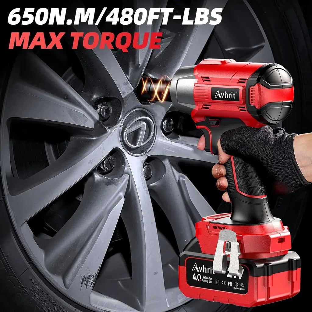 1/2 Inch Cordless Impact Wrench 480Ft-lbs/650N.m Brushless|3300RPM Electric Impact Gun with 2x4000mAh Batteries&4 Sockets