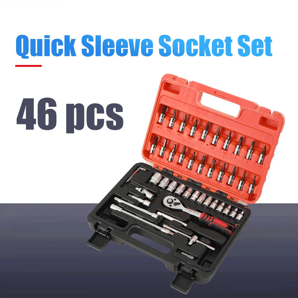 46-Piece Car Repair Tool Set with Sockets and Case 1/4 Socket Wrench Automotive Tool Maintainance Tool Box