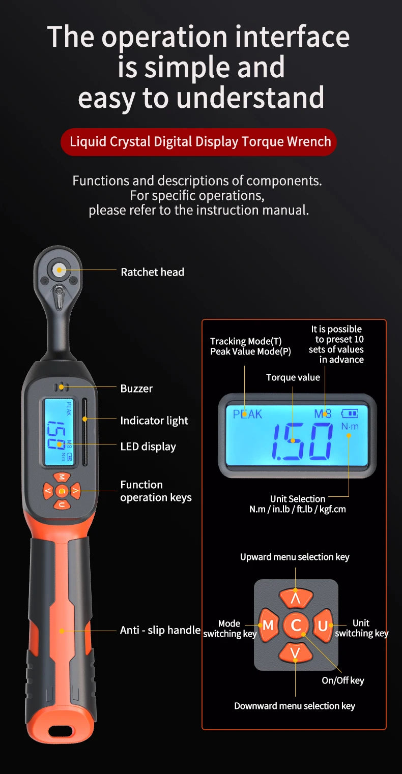 MOVECRAB Digital Torque Wrench 1-340N.m 2% Accuracy Preset & LED/Buzzer Alerts for Bike Motorcycles Automotive Mechanical Tool
