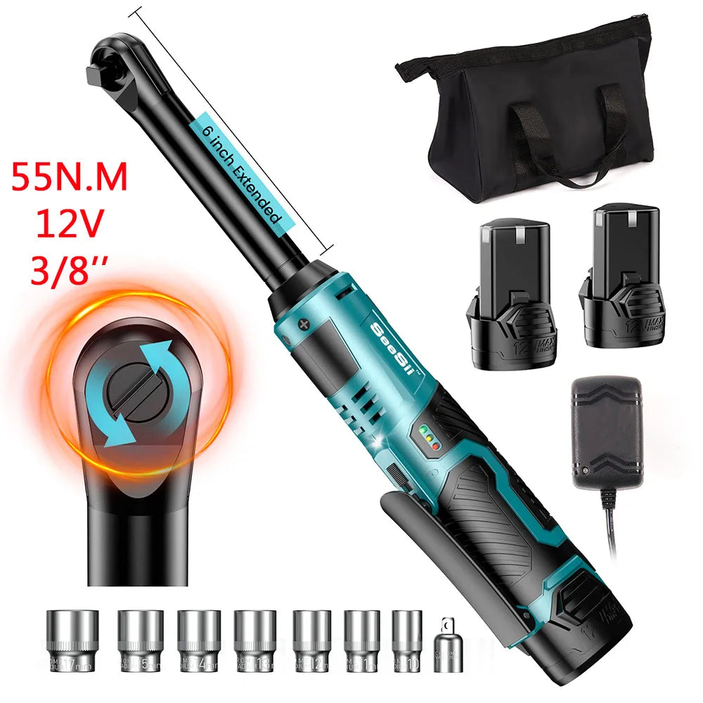 Seesii 6.3'' Extended Electric Ratchet Wrench kit 21V 3/8" Cordless Electric Wrench 80Nm Angle Wrench for Makita 18V battery pin