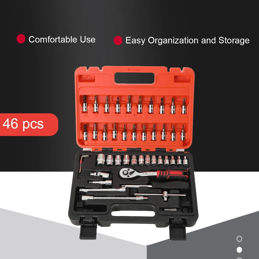 46-Piece Car Repair Tool Set with Sockets and Case 1/4 Socket Wrench Automotive Tool Maintainance Tool Box