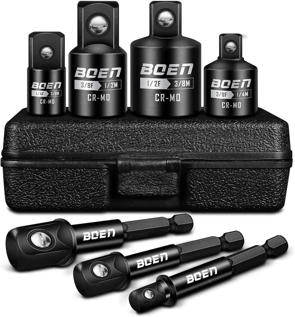 BOEN 7 Pieces Impact Socket Adapter and Reducer Set, 1/4" & 3/8" & 1/2" Drive Socket Adapter Set and 1/4" Drive SAE Hex Shank