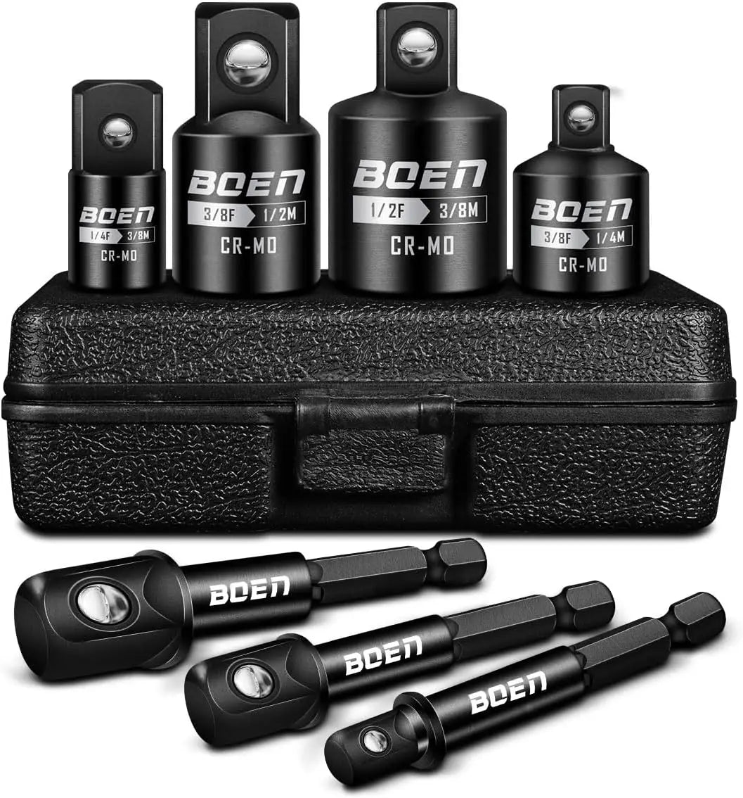 BOEN 7 Pieces Impact Socket Adapter and Reducer Set, 1/4" & 3/8" & 1/2" Drive Socket Adapter Set and 1/4" Drive SAE Hex Shank