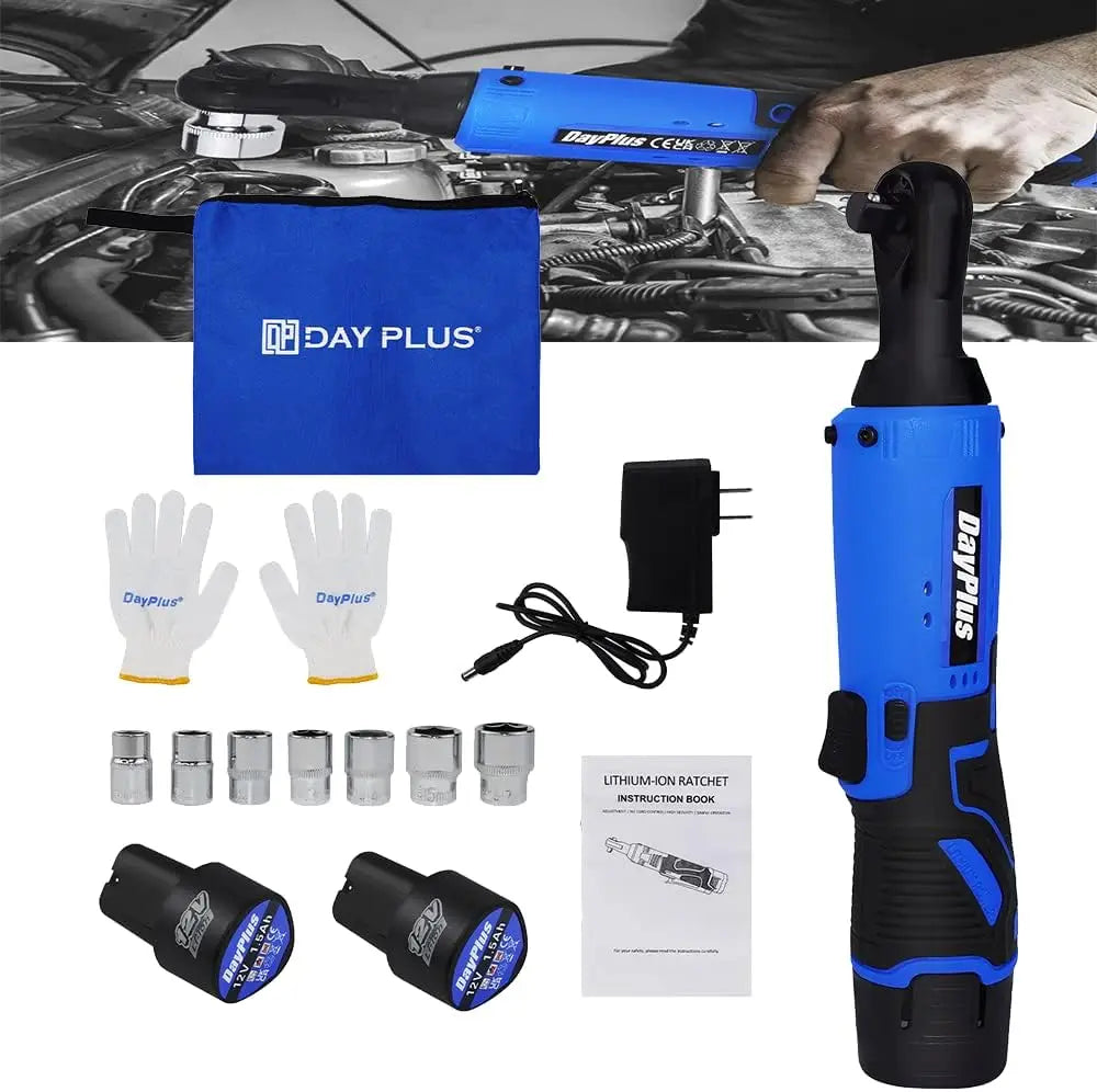 3/8” Electric Cordless Ratchet Wrench Set with 2 x1500mAh Batteries 40Nm Cordless Ratchet Wrench 90° Angle Wrench, 7 Sockets Set