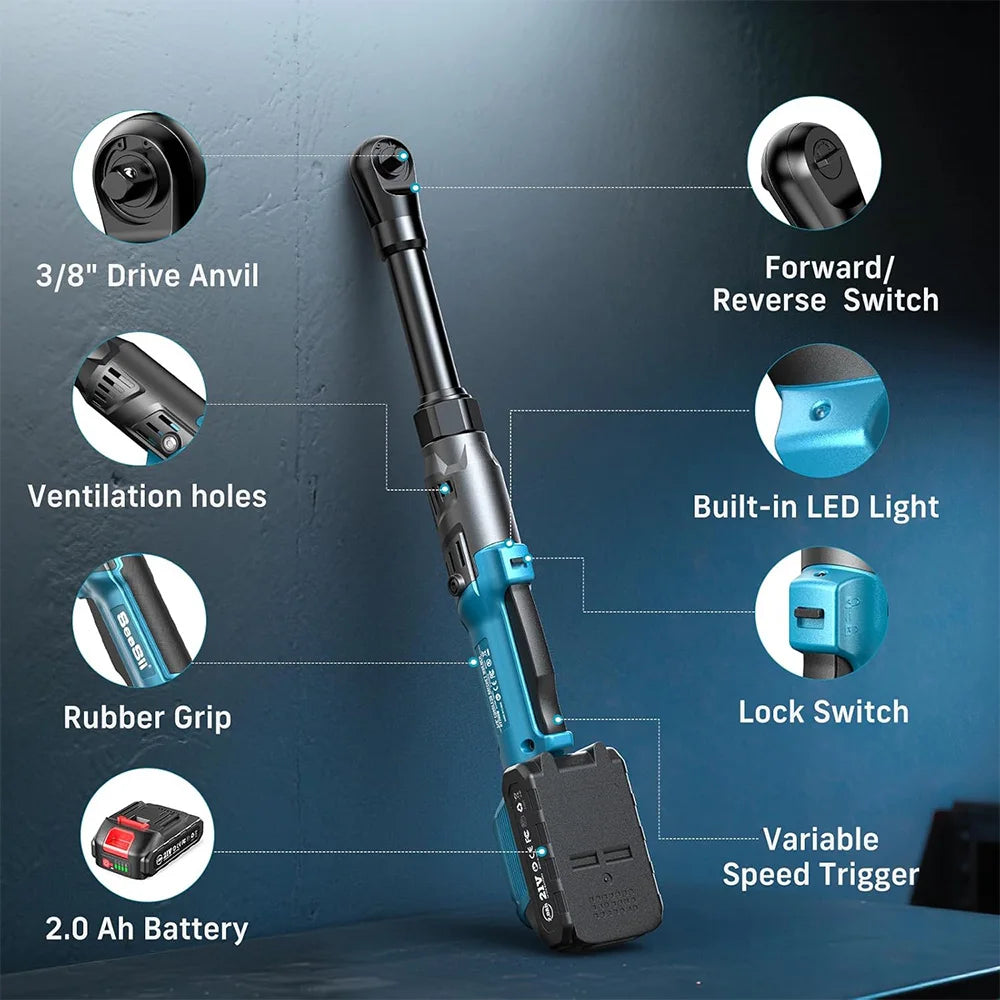Seesii 6.3'' Extended Electric Ratchet Wrench kit 21V 3/8" Cordless Electric Wrench 80Nm Angle Wrench for Makita 18V battery pin
