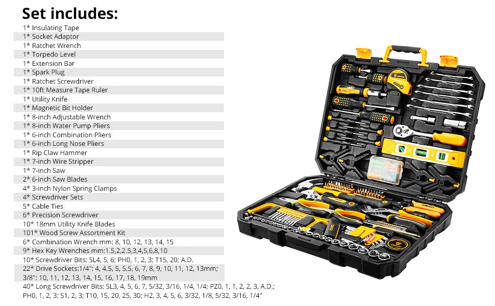 DEKO 228Pcs Socket Wrench Auto Repair Tool Combination Package Mixed Tool Set Hand Tool Kit with Plastic Toolbox Storage Case