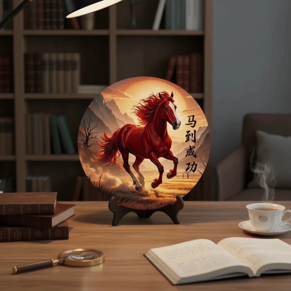 Horse Year Decorative Paintings Ornament Wooden Good Luck Photo Frame Decorations Funny Round Home Decor Ornament Bedroom
