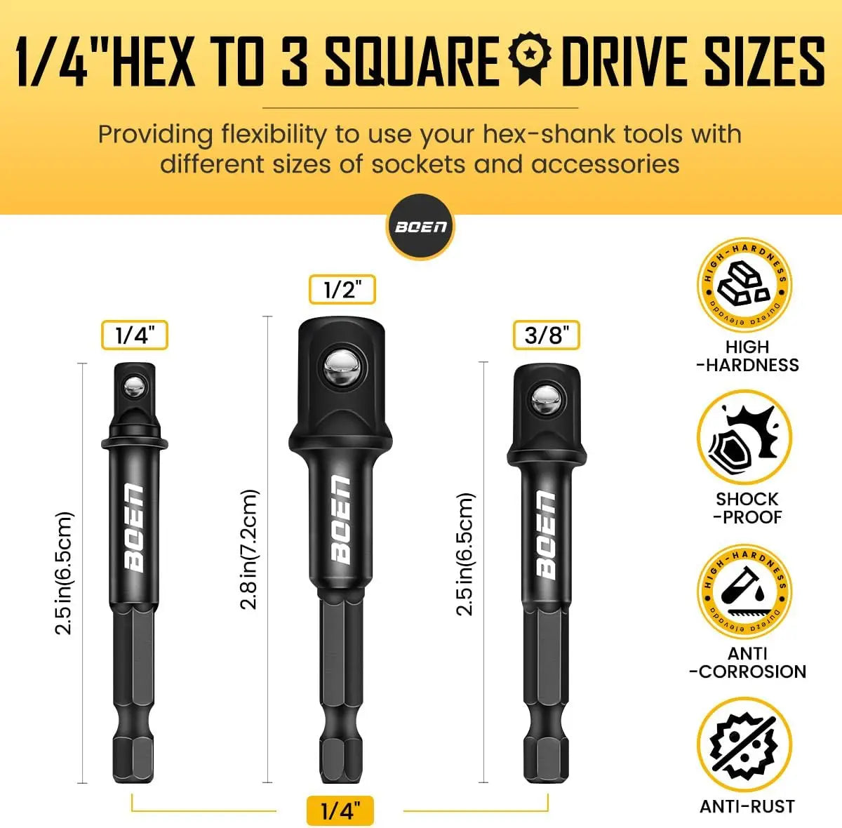 BOEN 7 Pieces Impact Socket Adapter and Reducer Set, 1/4" & 3/8" & 1/2" Drive Socket Adapter Set and 1/4" Drive SAE Hex Shank