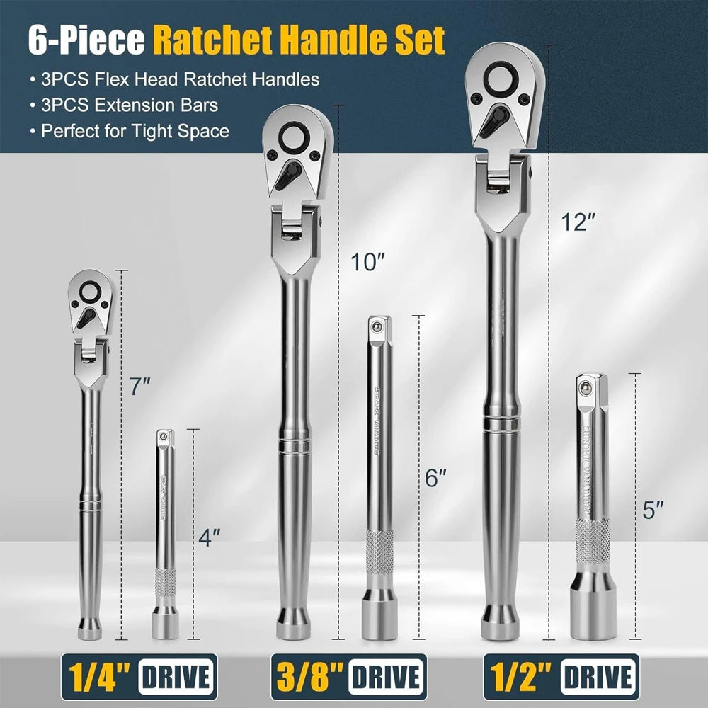 Flex Head Ratchet Set 1/4" 3/8" 1/2" Drive 180° Adjustable Swivel Head Ratchet Wrench with Extension Bar 72 Tooth 6 pcs