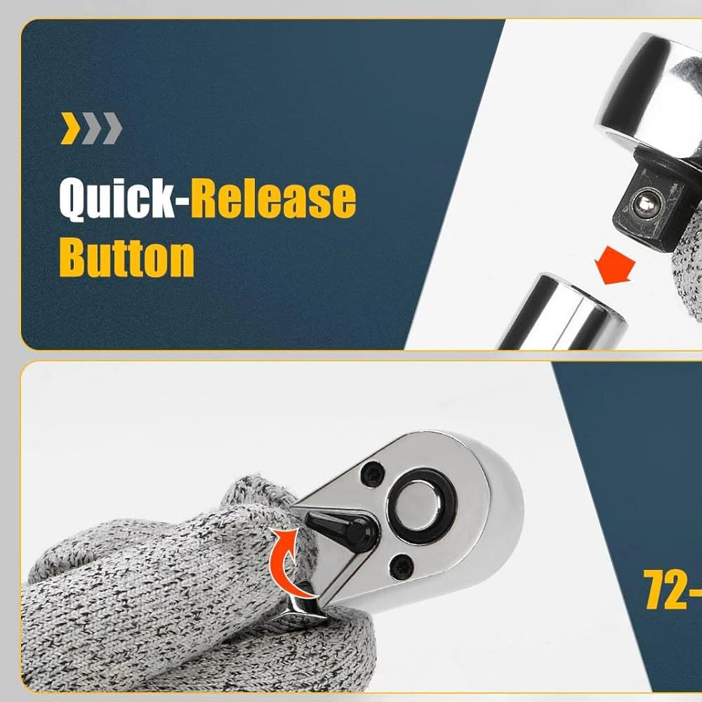 Flex Head Ratchet Set 1/4" 3/8" 1/2" Drive 180° Adjustable Swivel Head Ratchet Wrench with Extension Bar 72 Tooth 6 pcs