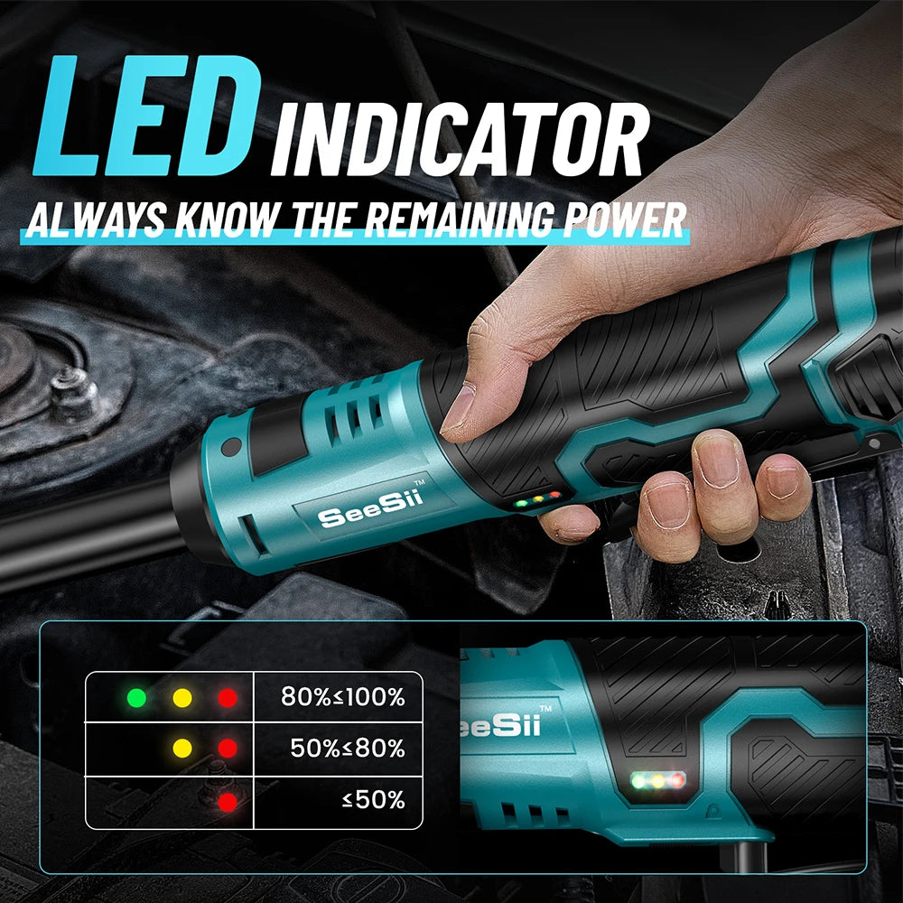 Seesii 6.3'' Extended Electric Ratchet Wrench kit 21V 3/8" Cordless Electric Wrench 80Nm Angle Wrench for Makita 18V battery pin