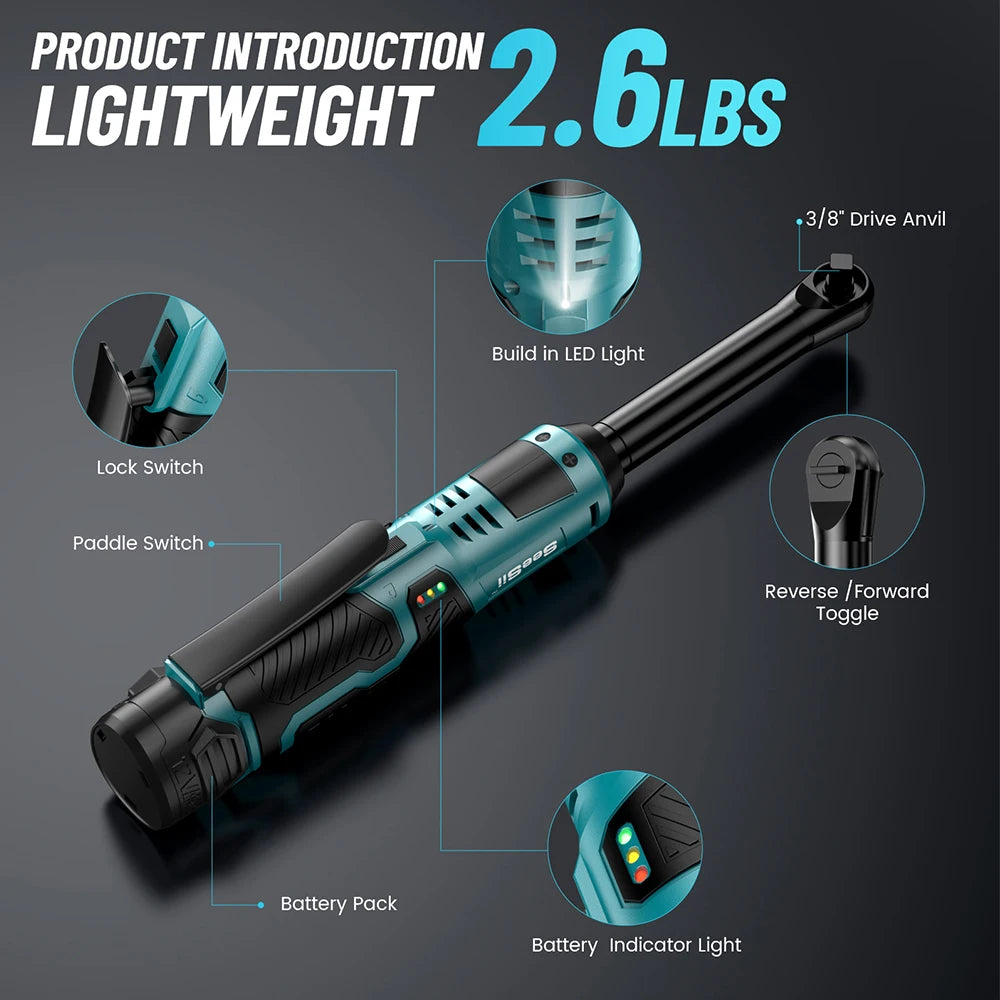 Seesii 6.3'' Extended Electric Ratchet Wrench kit 21V 3/8" Cordless Electric Wrench 80Nm Angle Wrench for Makita 18V battery pin