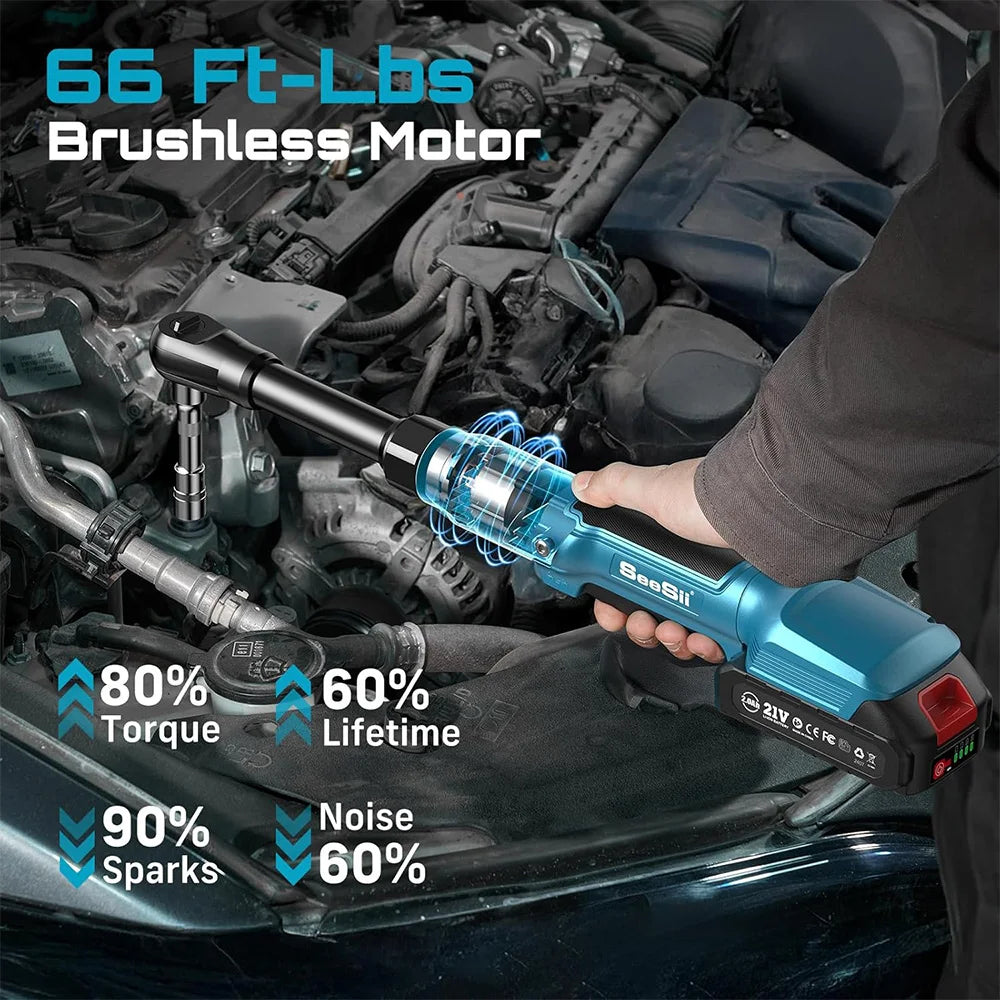 Seesii 6.3'' Extended Electric Ratchet Wrench kit 21V 3/8" Cordless Electric Wrench 80Nm Angle Wrench for Makita 18V battery pin