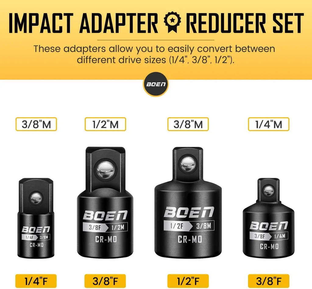 BOEN 7 Pieces Impact Socket Adapter and Reducer Set, 1/4" & 3/8" & 1/2" Drive Socket Adapter Set and 1/4" Drive SAE Hex Shank