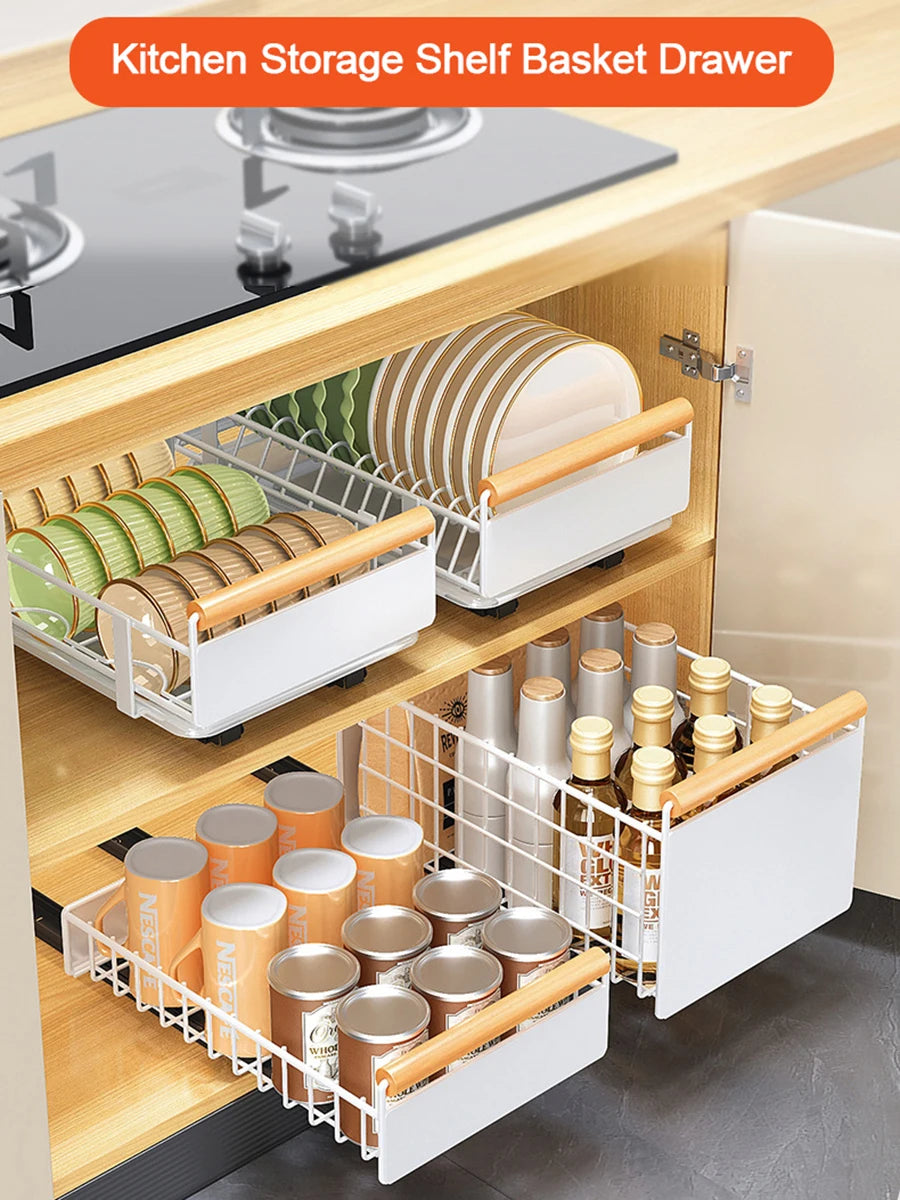 Telescopic Drawer, Kitchen Storage Shelf Bowls Dishes Draining Basket, Extendable Metal Slide Out Organiser For Cupboard Cabinet