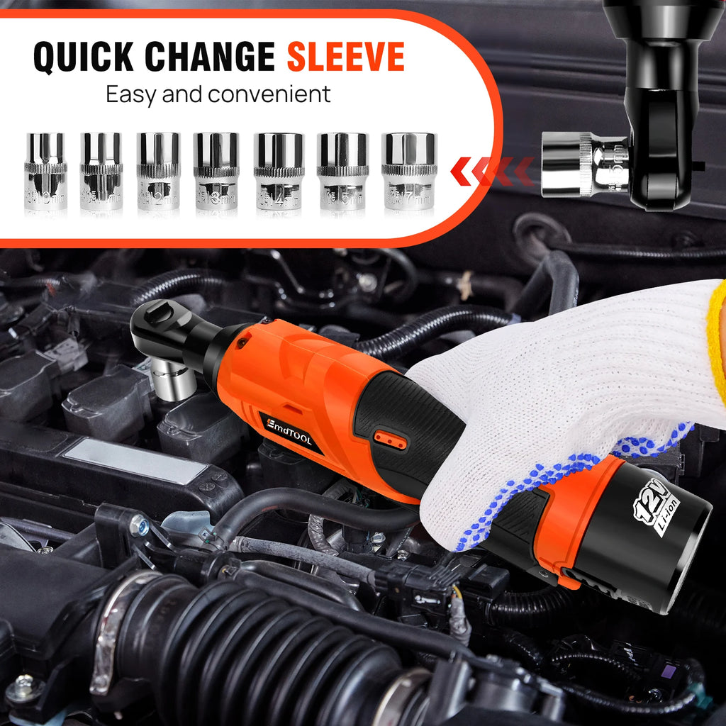 Cordless Ratchet Wrench, 2 x 12V 1.5Ah Batteries, Charger, Power Tool Wrench 3/8" Sq Drive,Cordless Ratchet with 7 Sockets