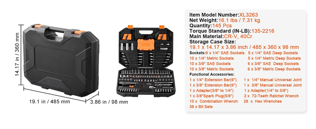 SucceBuy Mechanics Tool Set and Socket Set 1/4" 3/8" 1/2" Drive Deep Standard Sockets 450 Pcs SAE and Metric Mechanic Tool Kit