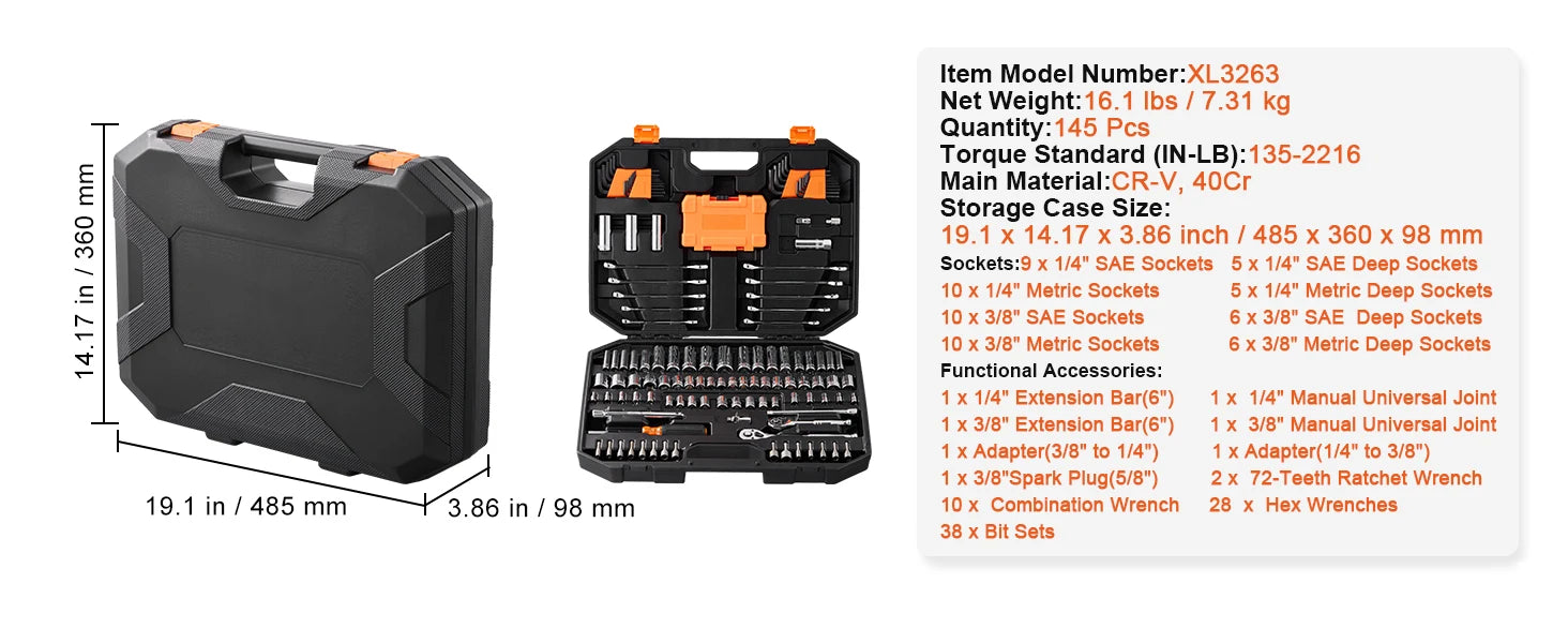 SucceBuy Mechanics Tool Set and Socket Set 1/4" 3/8" 1/2" Drive Deep Standard Sockets 450 Pcs SAE and Metric Mechanic Tool Kit