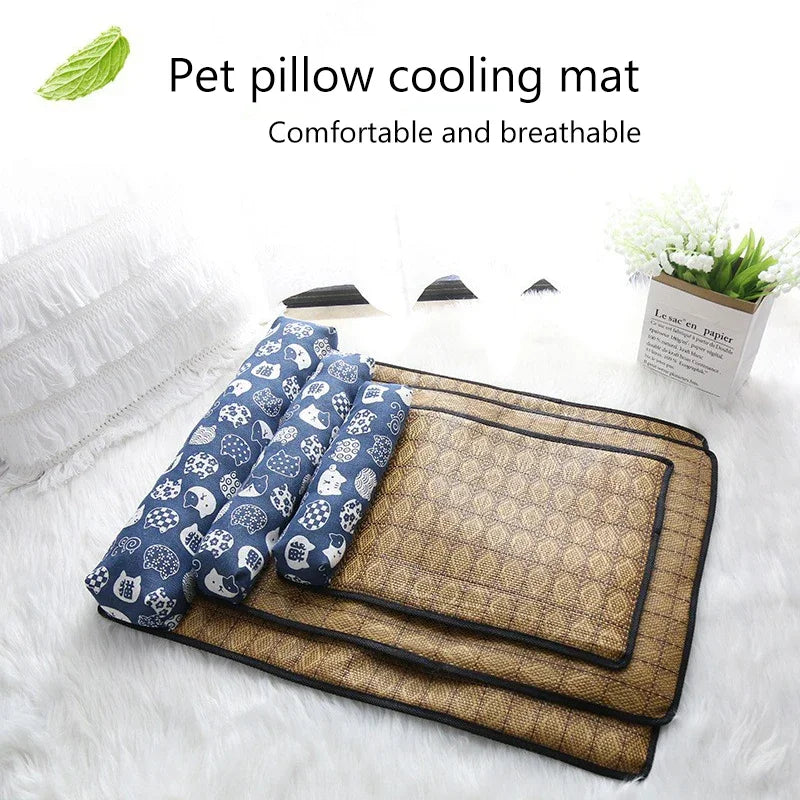 Cat Natural Cooling Mat Summer Pet Self Cooling Pad Cat Bed Mat For Dogs Indoor Rattan Weave Mat Sleeping Cat Bed