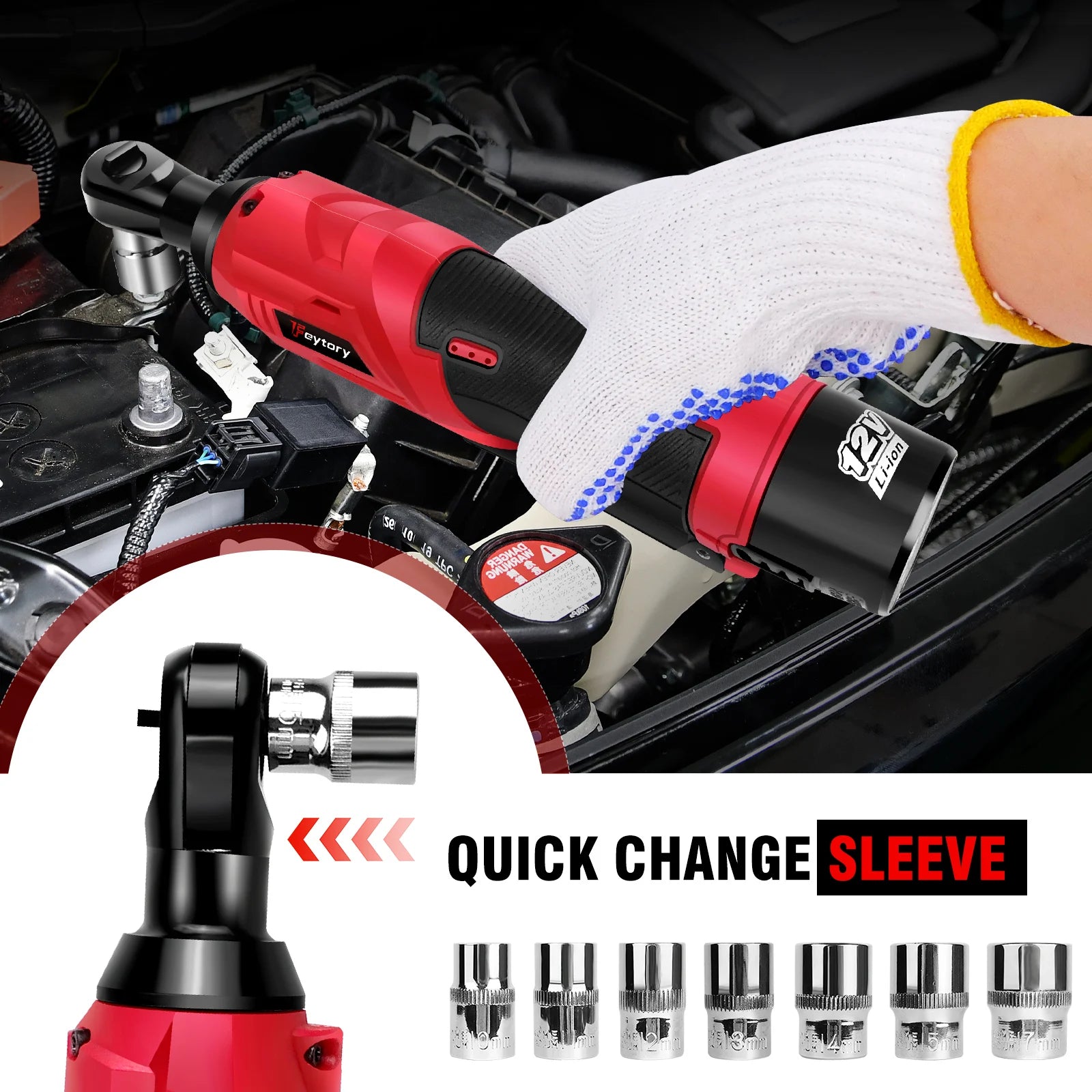 Cordless Ratchet Wrench, 2 x 12V 1.5Ah Batteries, Charger, Power Tool Wrench 3/8" Sq Drive,Cordless Ratchet with 7 Sockets