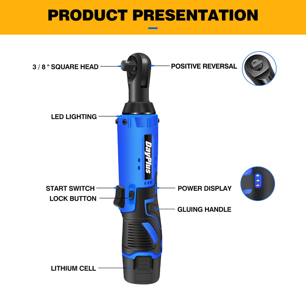 3/8” Electric Cordless Ratchet Wrench Set with 2 x1500mAh Batteries 40Nm Cordless Ratchet Wrench 90° Angle Wrench, 7 Sockets Set