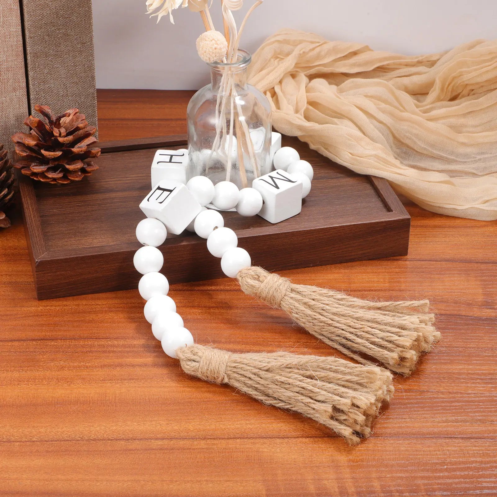 Hanging Bead Decors Wood Bead Garlands Boho Beads Garland Farmhouse Wall Decor Decorative Beaded String with Tassels for Living