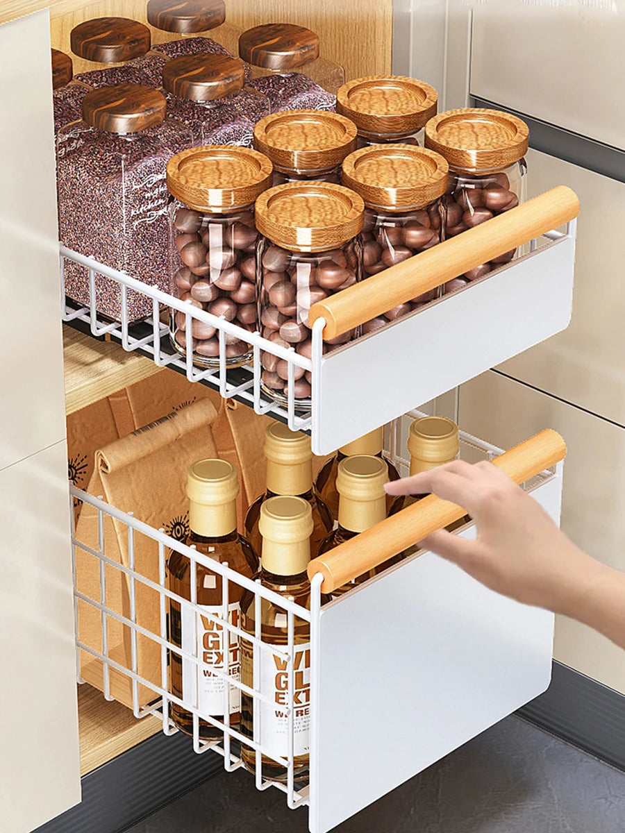 Telescopic Drawer, Kitchen Storage Shelf Bowls Dishes Draining Basket, Extendable Metal Slide Out Organiser For Cupboard Cabinet