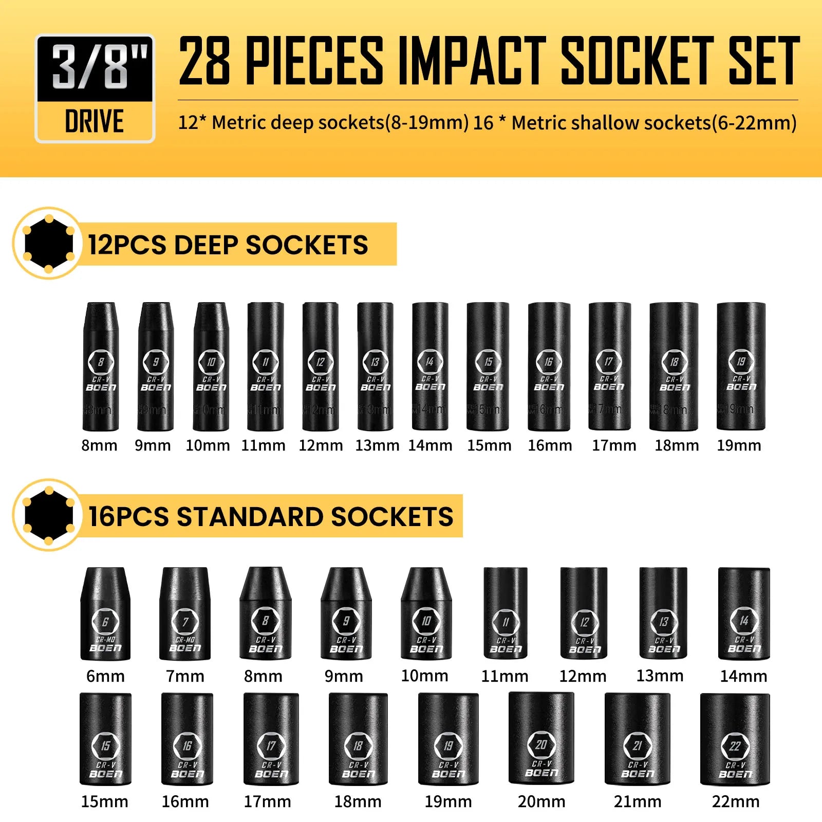BOEN 3/8" Drive Impact Socket Set, 59-Piece Standard SAE (5/16 to 3/4 inch) and Metric (6-22mm), Include 9-Piece E-Torx Socket