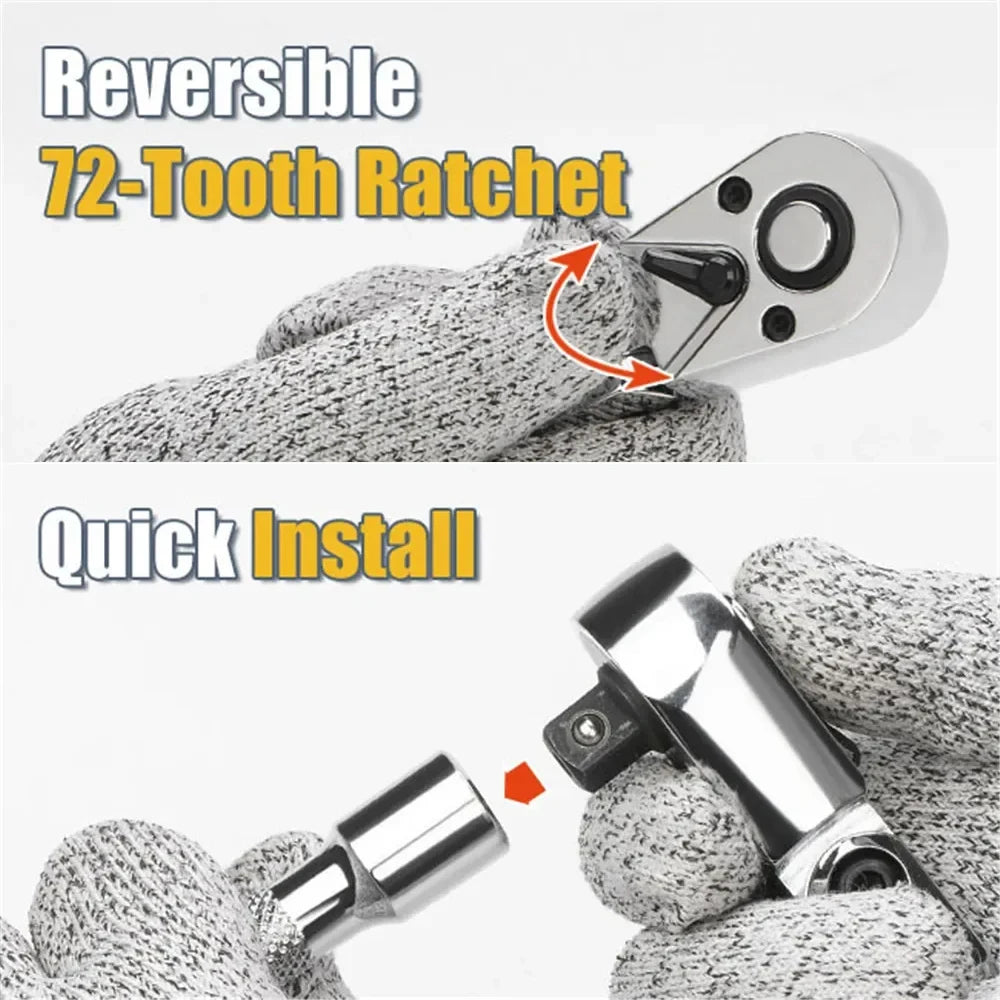 Flex Head Ratchet Set 1/4" 3/8" 1/2" Drive 180° Adjustable Swivel Head Ratchet Wrench with Extension Bar 72 Tooth 6 pcs