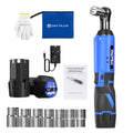 Electric Cordless Right Ratchet 3/8'' 90° Angle Wrench with LED Work Light +7pcs Sockets Set Power Ratchet Wrenches, 2 Battery