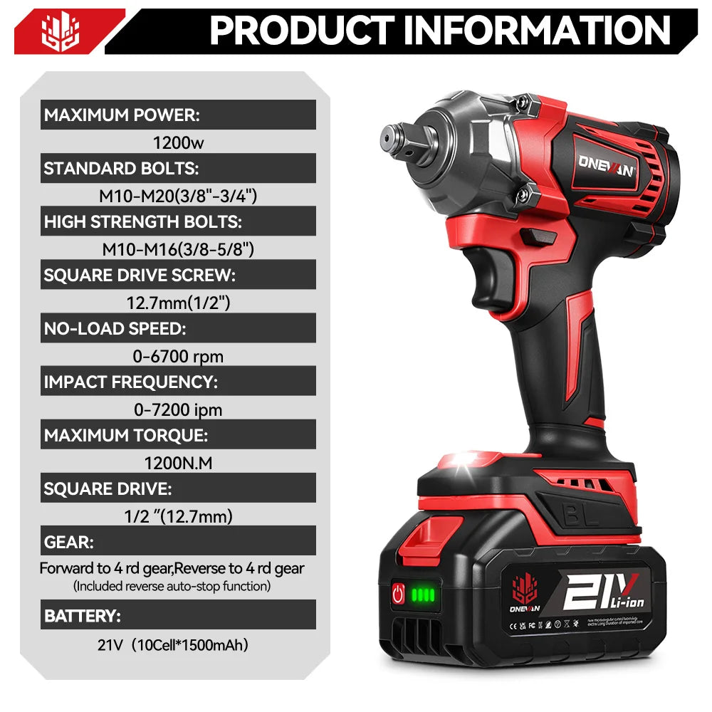 ONEVAN 1200N.M Brushless Electric Impact Wrench DTW500 4Gear Rechargeable Electric Screwdriver Power Tool For Makita Battery Pin
