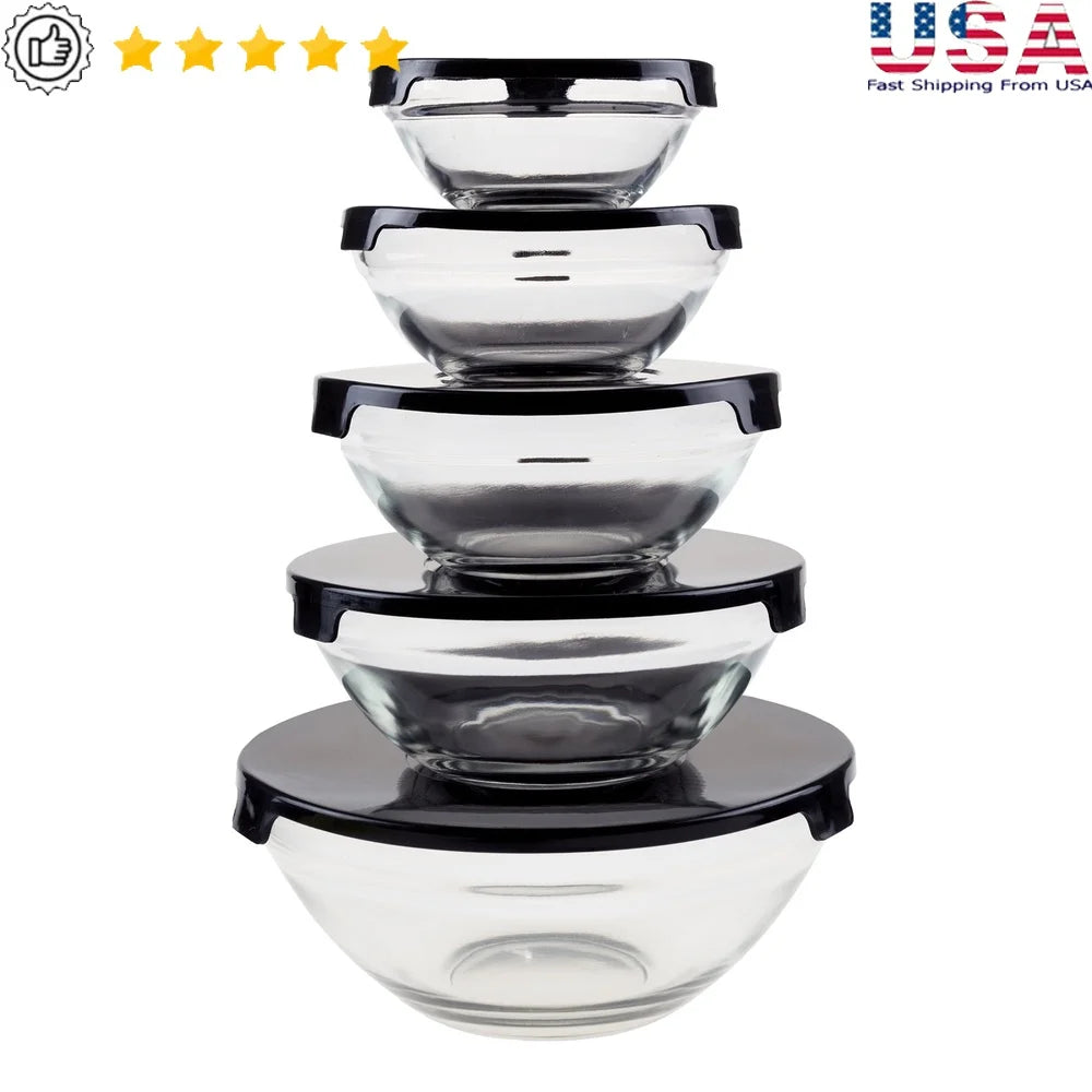 10 Piece Glass Storage Containers with Snap Lids Mixing Bowls Kitchen Prep Food Safe Reusable Space Efficient Dishwasher Safe