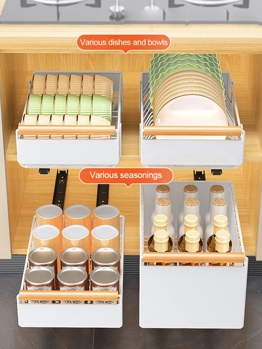 Telescopic Drawer, Kitchen Storage Shelf Bowls Dishes Draining Basket, Extendable Metal Slide Out Organiser For Cupboard Cabinet