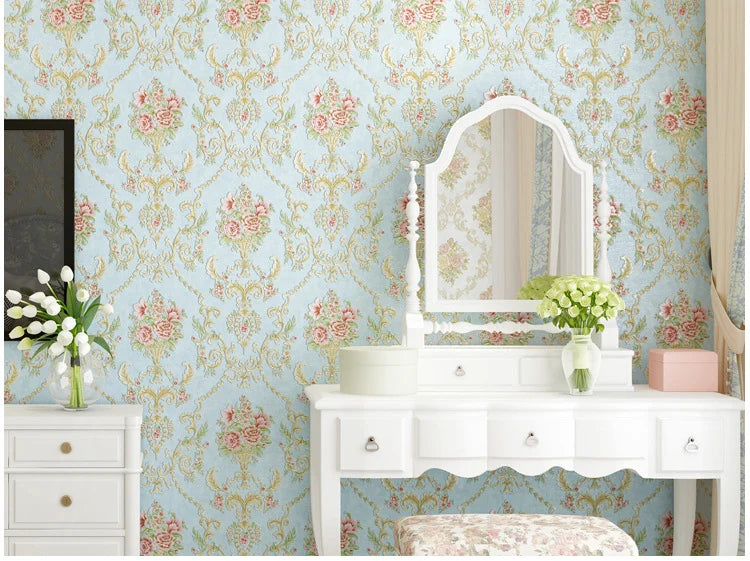 European wallpaper self-adhesive pastoral flower luxury wall stickers self-adhesive bedroom living room home background wall wal