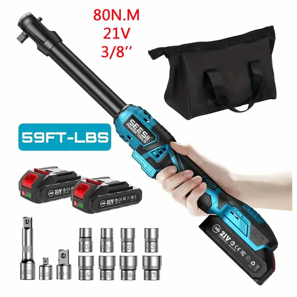 Seesii 6.3'' Extended Electric Ratchet Wrench kit 21V 3/8" Cordless Electric Wrench 80Nm Angle Wrench for Makita 18V battery pin