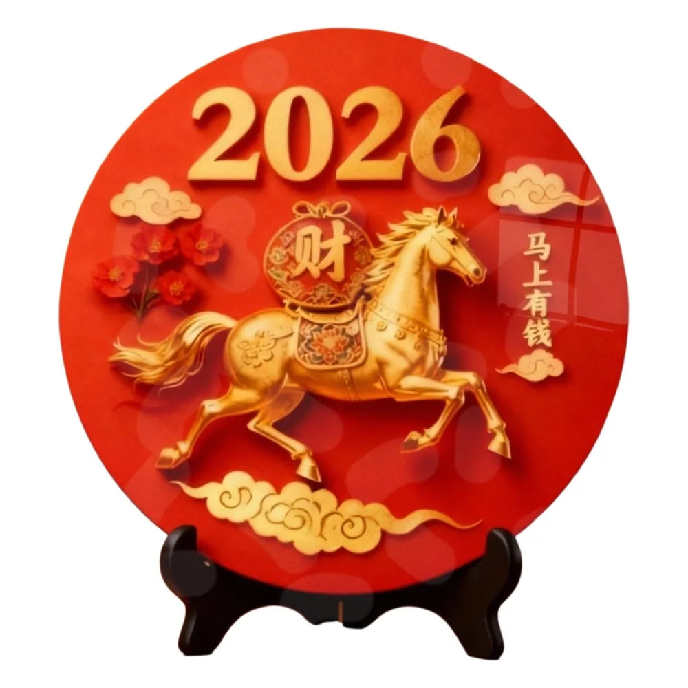 Horse Year Decorative Paintings Ornament Wooden Good Luck Photo Frame Decorations Funny Round Home Decor Ornament Bedroom
