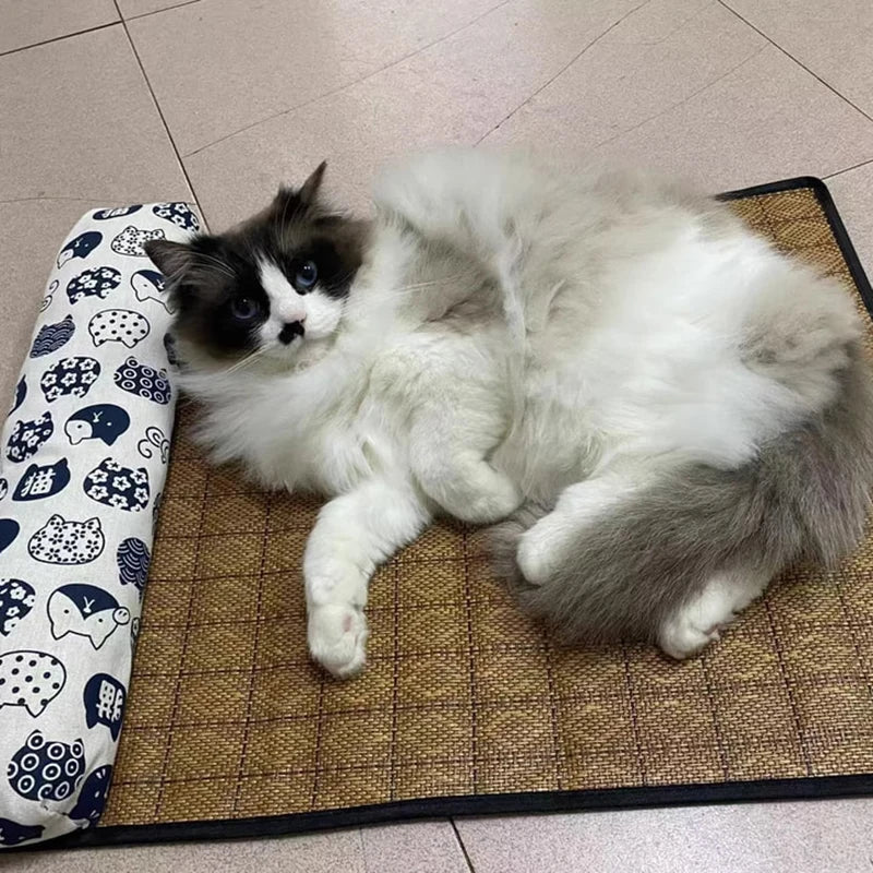 Cat Natural Cooling Mat Summer Pet Self Cooling Pad Cat Bed Mat For Dogs Indoor Rattan Weave Mat Sleeping Cat Bed