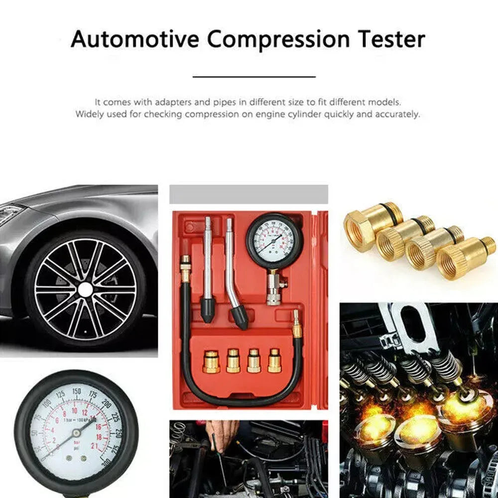 Petrol Engine Cylinder Compression Tester Kit Automotive and Motorcycles Tool 0-300PSI Engine Cylinder Pressure 0-21 Bar Gauge