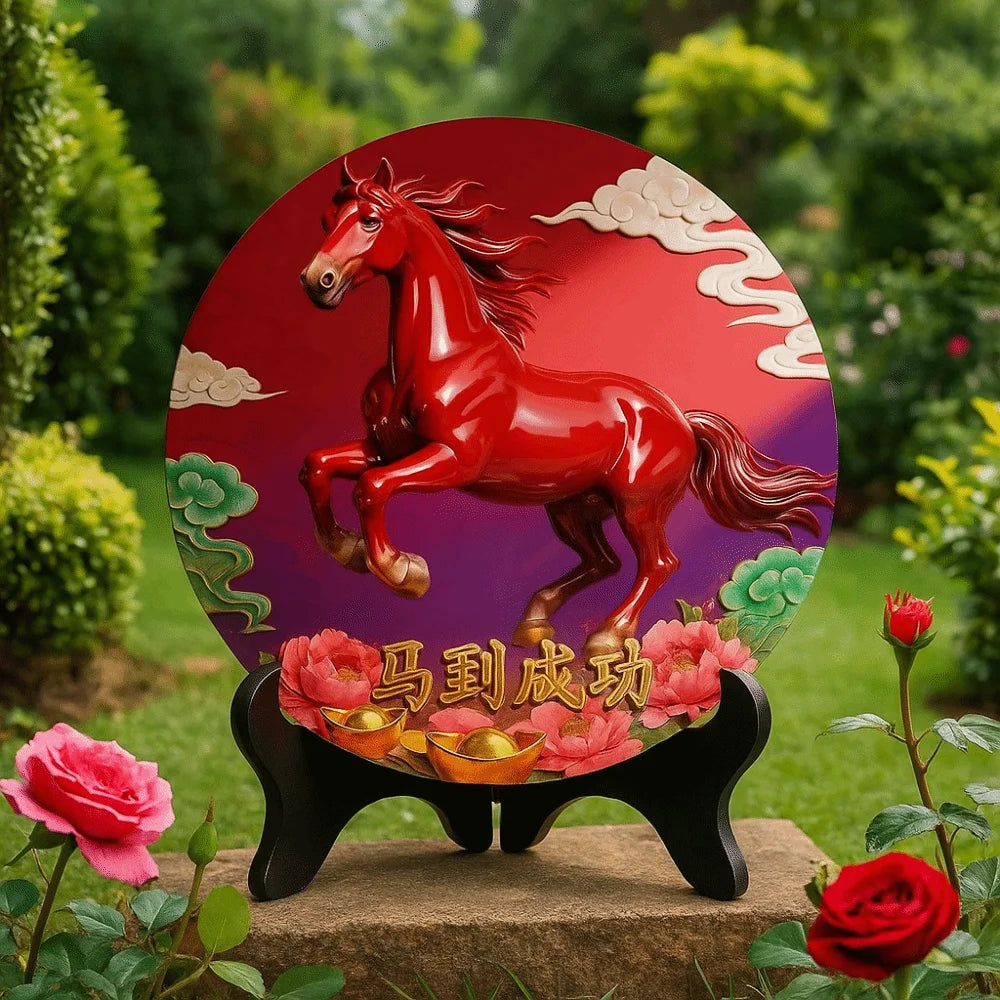 Horse Year Decorative Paintings Ornament Wooden Good Luck Photo Frame Decorations Funny Round Home Decor Ornament Bedroom