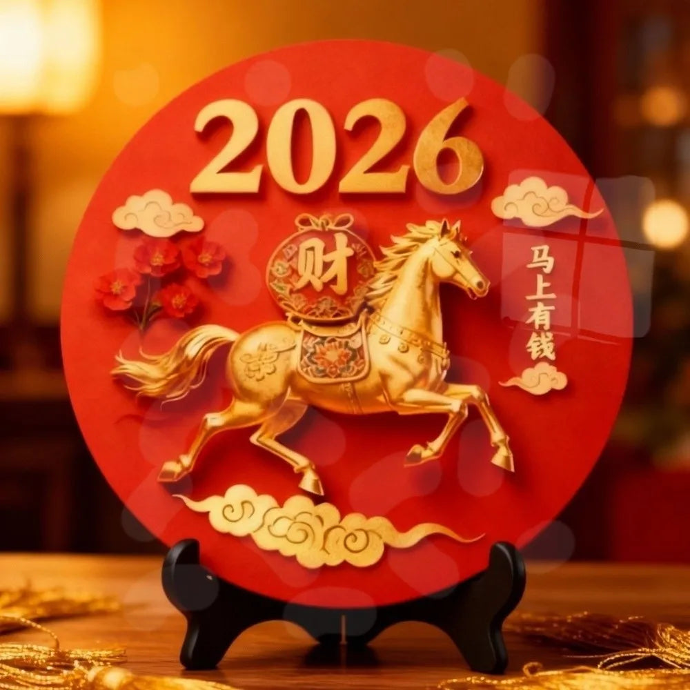 Horse Year Decorative Paintings Ornament Wooden Good Luck Photo Frame Decorations Funny Round Home Decor Ornament Bedroom